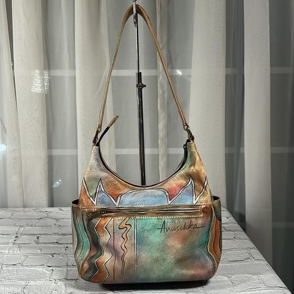 Anuschka Hand Painted Leather Purse Boho Hippie Handbag Tote India Abstract Art - Picture 2 of 16